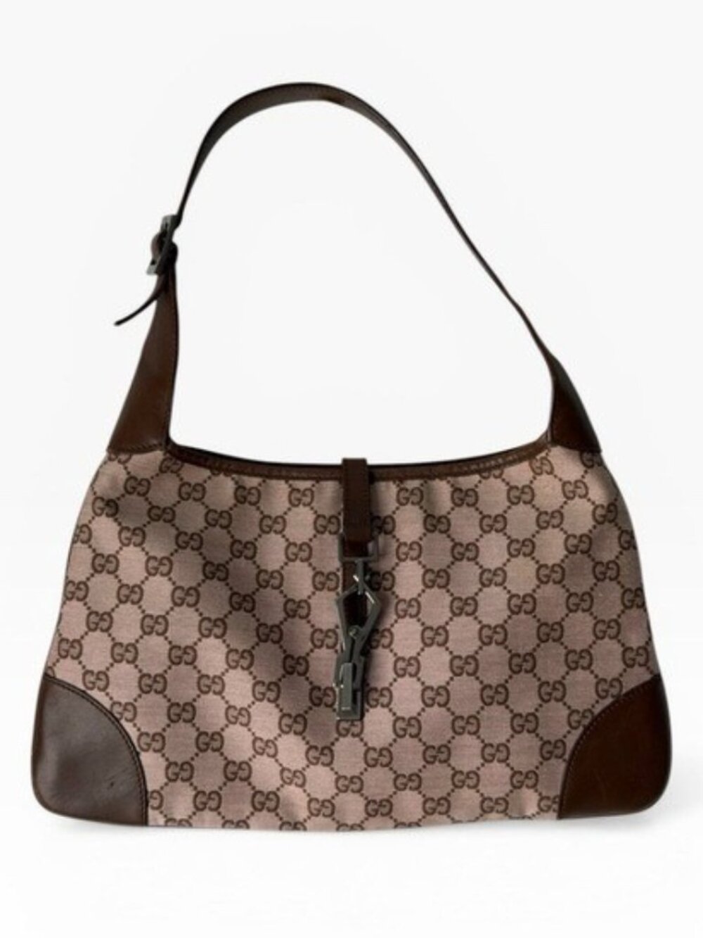 Gucci Jackie GG Monogram Brown Canvas Leather Trim Shoulder Bag